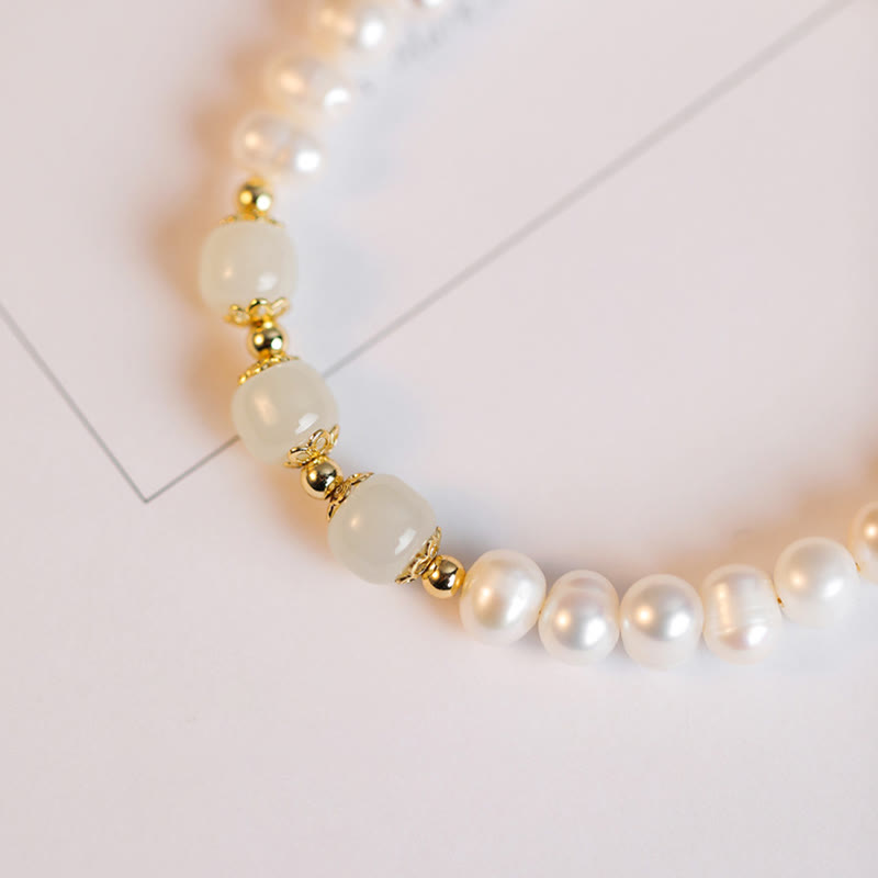 Nimara Ritual 14K Gold Plated Natural Pearl Hetian Cyan Jade White Jade Sincerity Bead Chain Bracelet