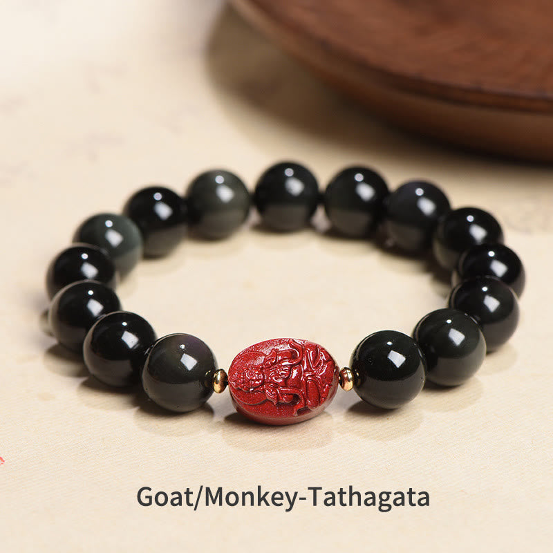 Nimara Ritual Chinese Zodiac Natal Buddha Natural Black Obsidian Cinnabar Purification Bracelet