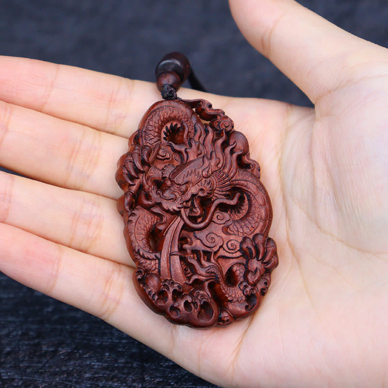 Nimara Ritual Lightning Struck Jujube Wood Double Dragon Relief Ward Off Evil Spirits Necklace Pendant