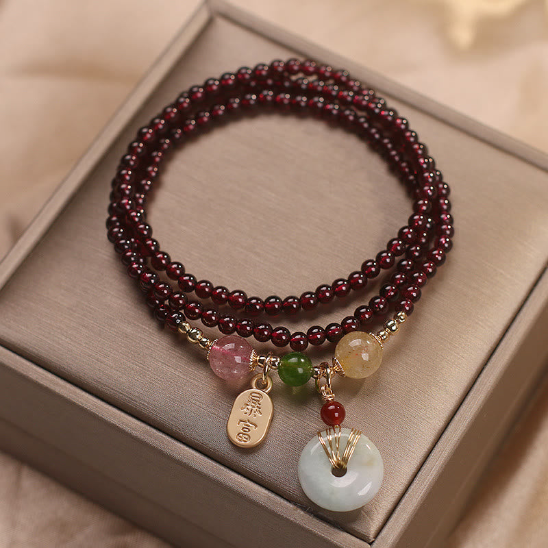 Nimara Ritual Natural Garnet Strawberry Quartz Crystal Fox Koi Fish Peace Buckle Fortune Protection Triple Wrap Bracelet