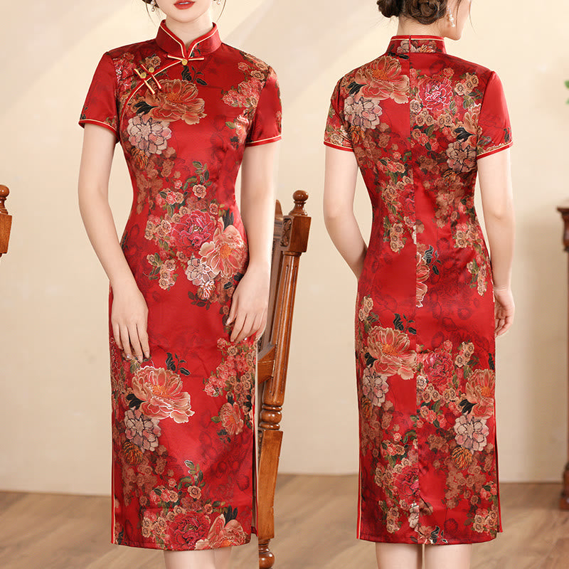Nimara Ritual Retro Flower Lotus Peony Feather Print Qipao Dress Women's Cheongsam Dress