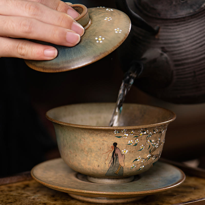 Nimara Ritual Jingdezhen Hand Painted Ru Kiln Porcelain Hanfu Girl Flower Ceramic Gaiwan Sancai Teacup Kung Fu Tea Cup And Saucer With Lid