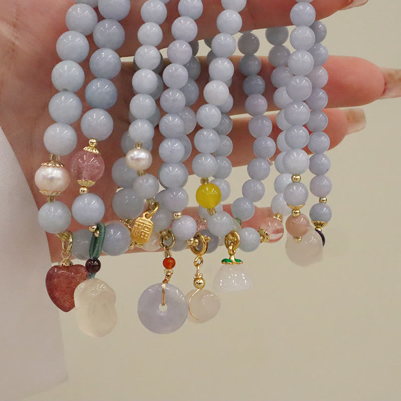 Nimara Ritual Natural Aquamarine Chalcedony Serenity Rabbit Gourd Cat Charm Bracelet