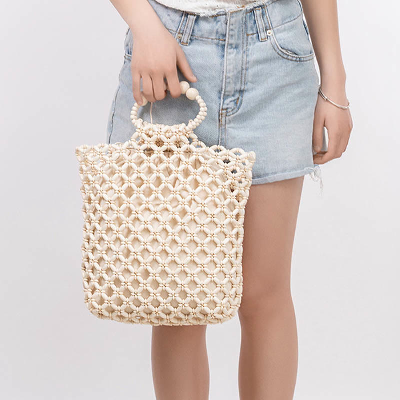 Nimara Ritual Hand-woven Fishing Line Braiding Mesh Hollow Wooden Beads Handbag