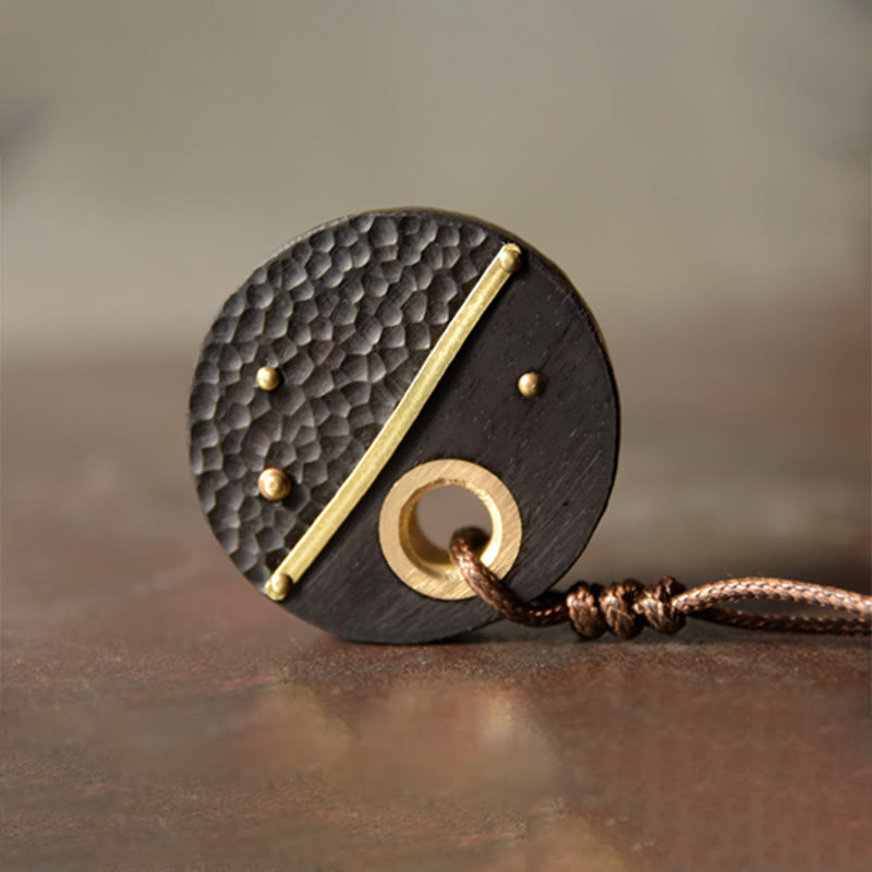 Nimara Ritual Handcrafted Round Ebony Wood Brass Copper Peace Necklace Pendant