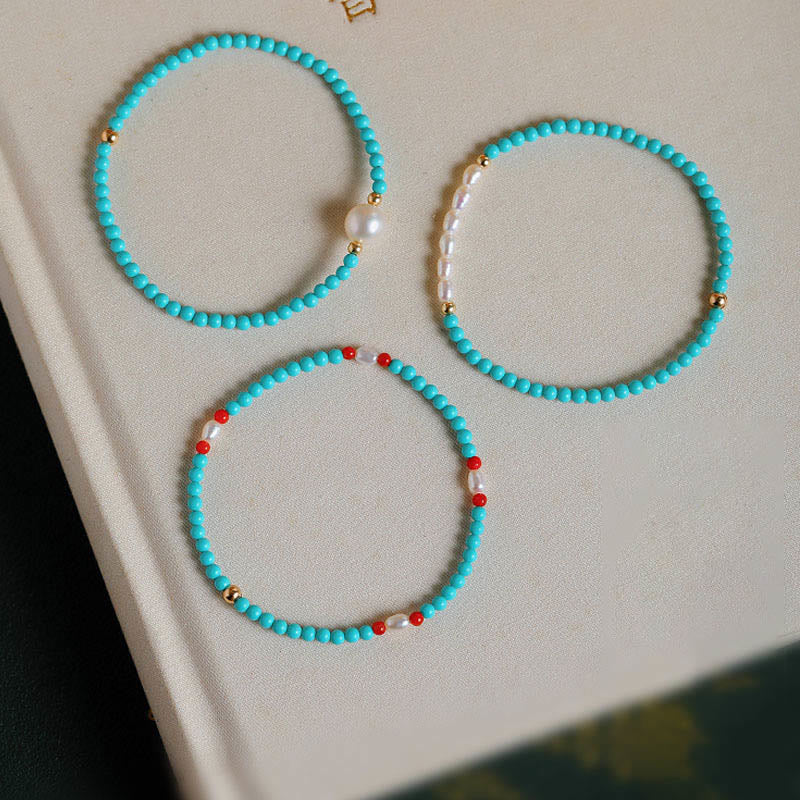 Nimara Ritual Turquoise Red Agate Pearl Small Beaded Protection Bracelet