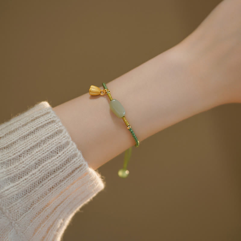 Nimara Ritual Lotus Jade Peace Buckle Bead Luck Happiness Charm String Bracelet