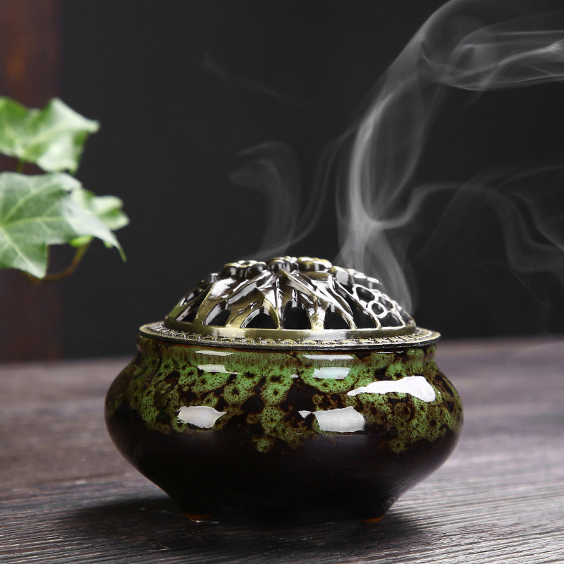 Nimara Ritual Flower Pattern Ceramic Blessing Meditation Incense Burner Decoration
