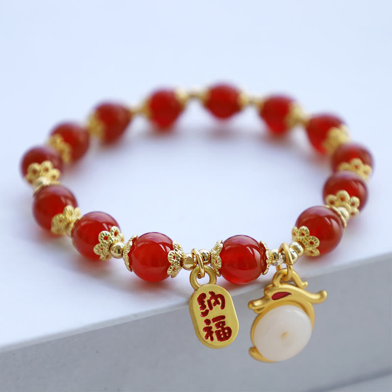 Nimara Ritual Year of the Dragon Red Agate Green Aventurine Peace Buckle Fu Character Lucky Fortune Bracelet