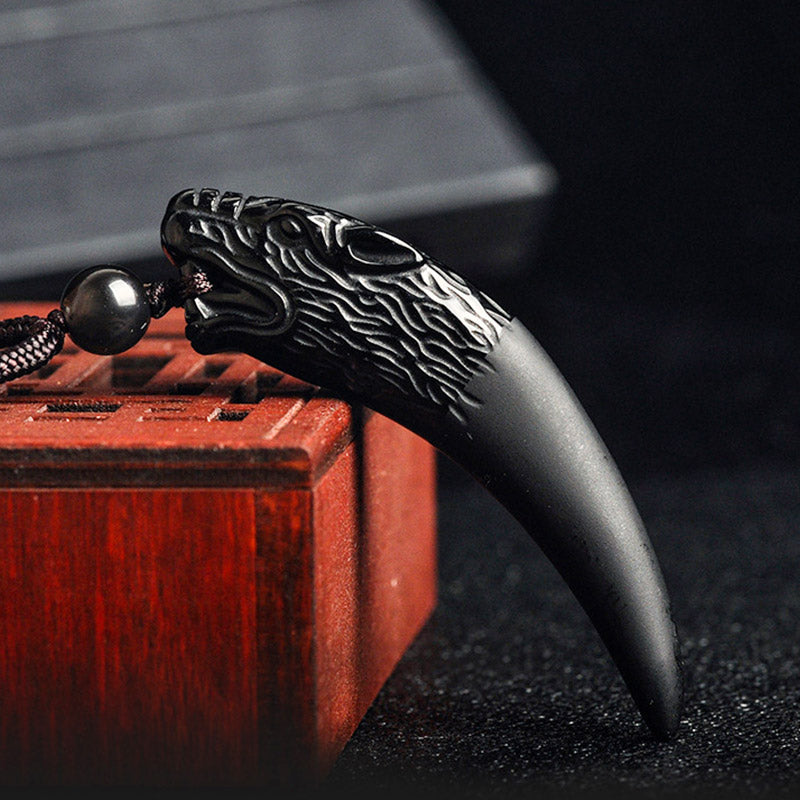Nimara Ritual Natural Black Obsidian Ice Obsidian Rainbow Obsidian Wolf Tooth Pattern Strength Necklace Pendant