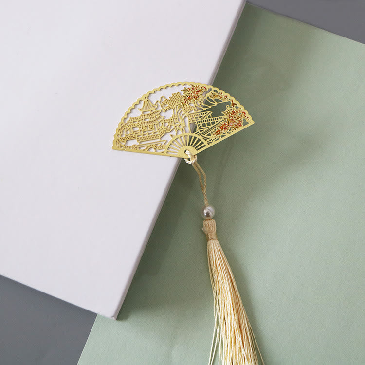 Nimara Ritual Traditional Butterfly Lotus Flower Crane Dragon Phoenix Fox Koi Fish New Beginning Metal Brass Hollow Fan Bookmarks