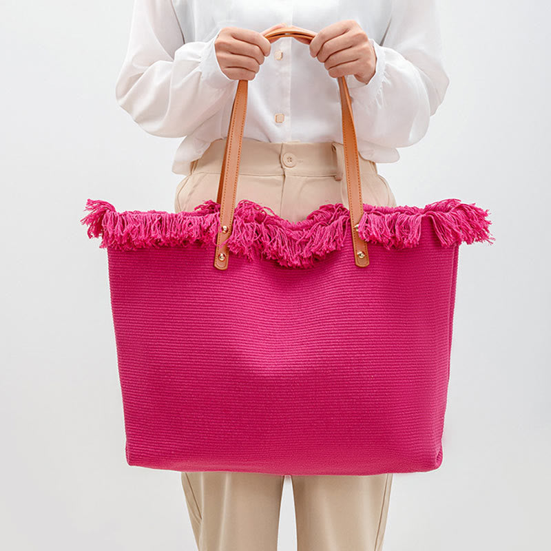 Nimara Ritual Large Capacity Solid Color Tassel Canvas Tote Shoulder Bag