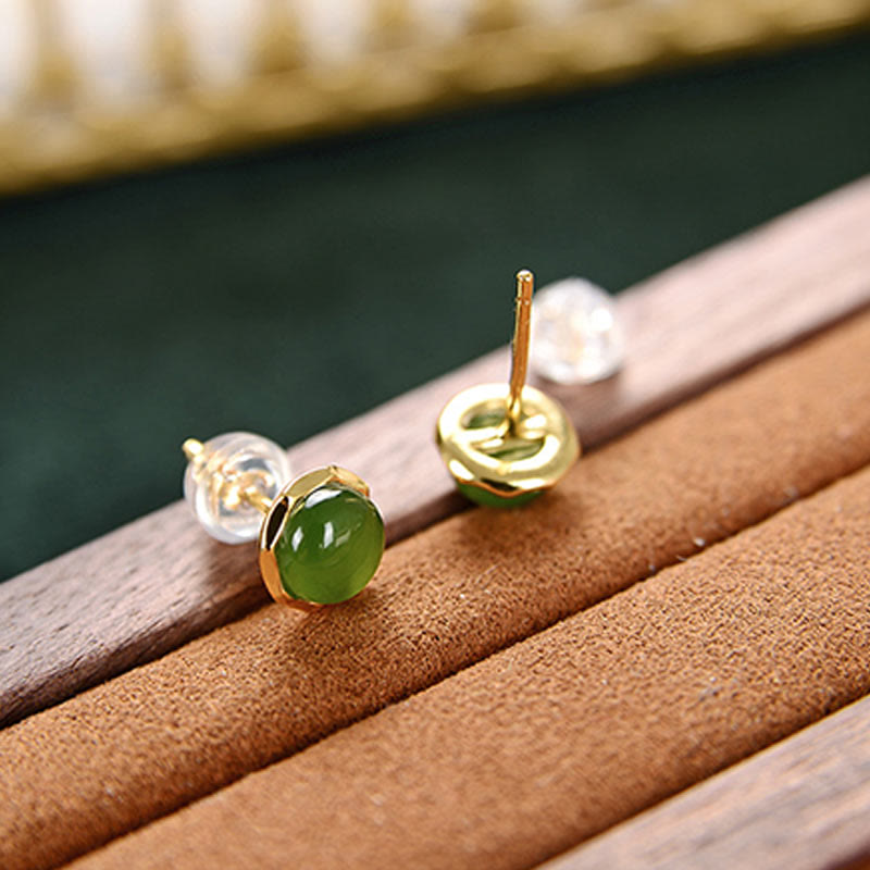 Nimara Ritual 925 Sterling Silver Plated Gold Natural Hetian Cyan Jade Bead Luck Stud Earrings
