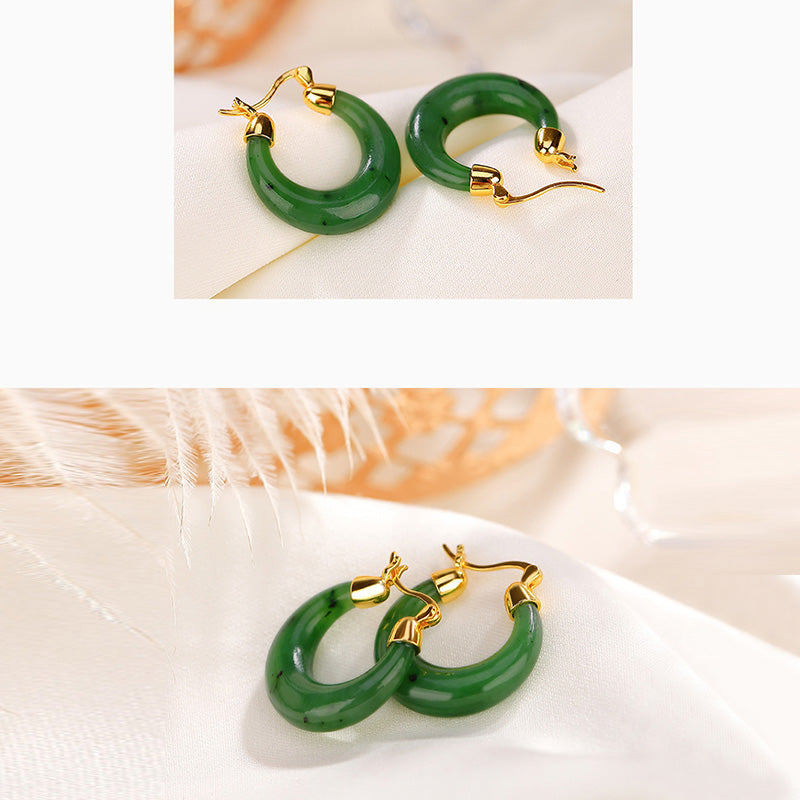 Nimara Ritual 925 Sterling Silver Plated Gold Natural Round Hetian Cyan Jade Luck Drop Earrings