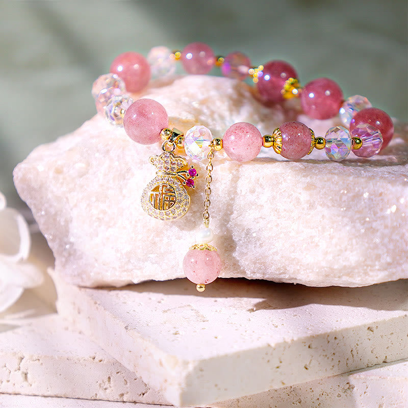 Nimara Ritual Natural Strawberry Quartz Crystal Money Bag Charm Positive Bracelet