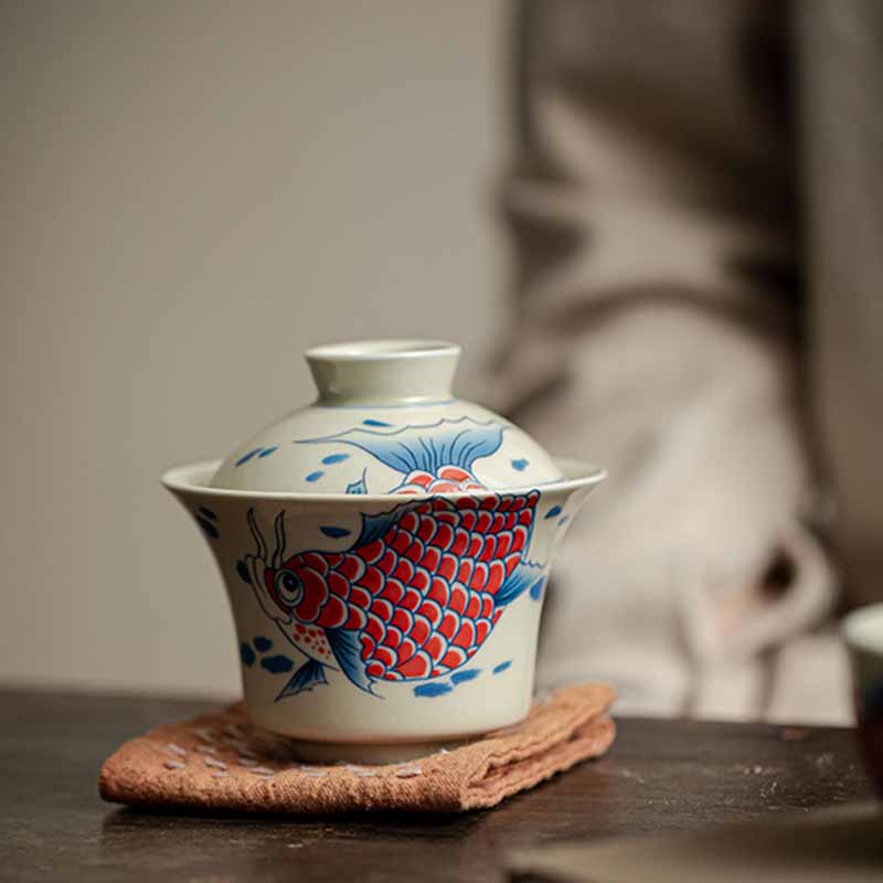 Nimara Ritual Koi Fish Arowana Ceramic Gaiwan Sancai Teacup Kung Fu Tea Cup With Lid 130ml