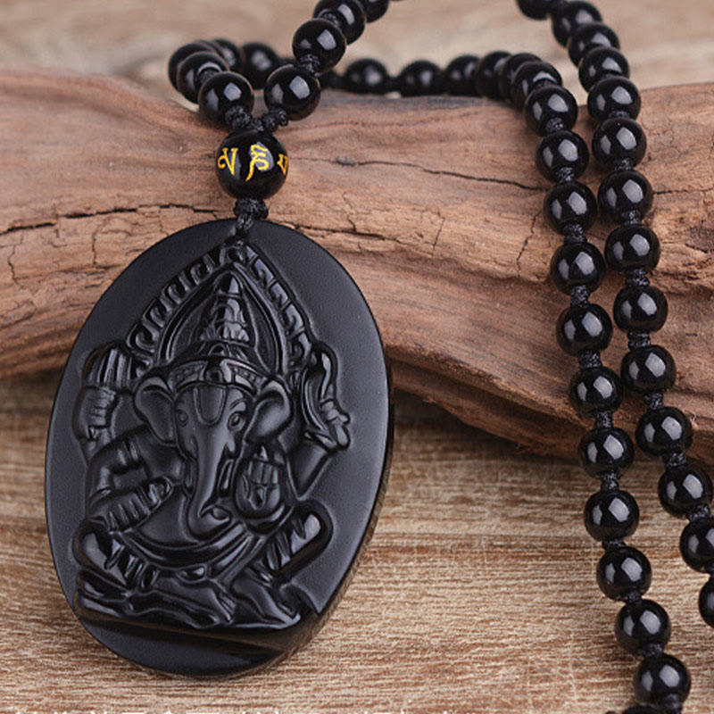 Nimara Ritual Tibetan Obsidian Ganesh Ganpati Elephant Wealth Amulet Necklace