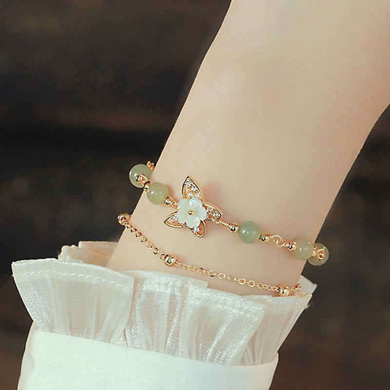 Nimara Ritual 14K Gold Plated Jade Butterfly Tridacna Stone Flower Double Layer Luck Bracelet
