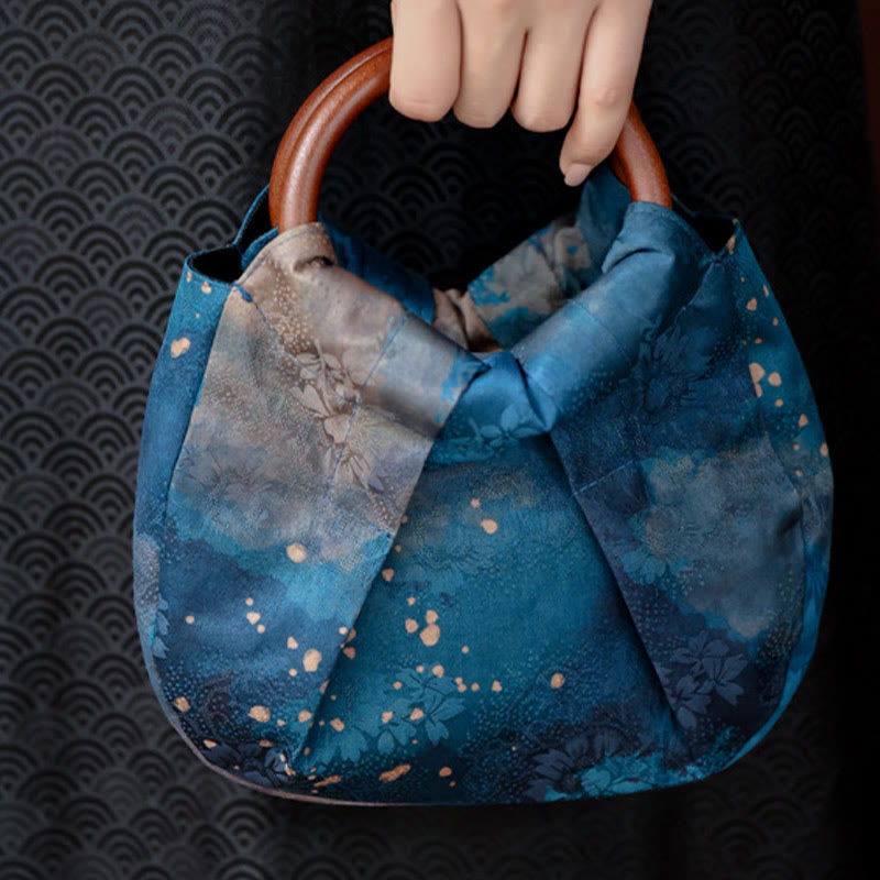 Nimara Ritual Handmade Jacquard Flower Blue Wooden Handle Handbag