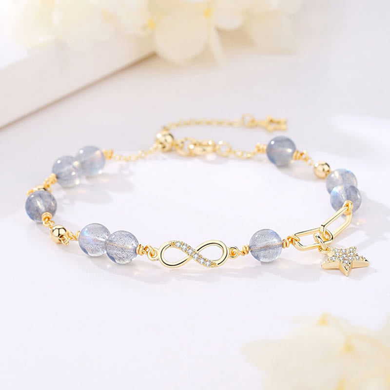 Nimara Ritual 14K Gold Plated Natural Strawberry Quartz Moonstone MAbius Loop Eternal Love Star Positive Bracelet