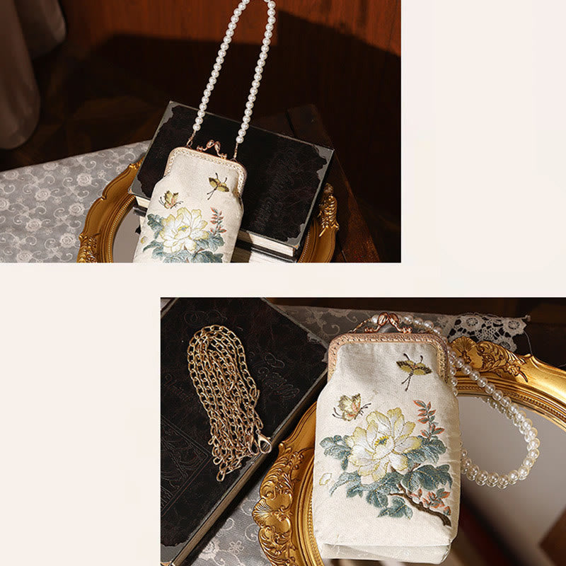 Nimara Ritual Small Flowers Butterfly Embroidered Pearl Metal Chain Shoulder Bag Crossbody Handbag Cellphone Bag