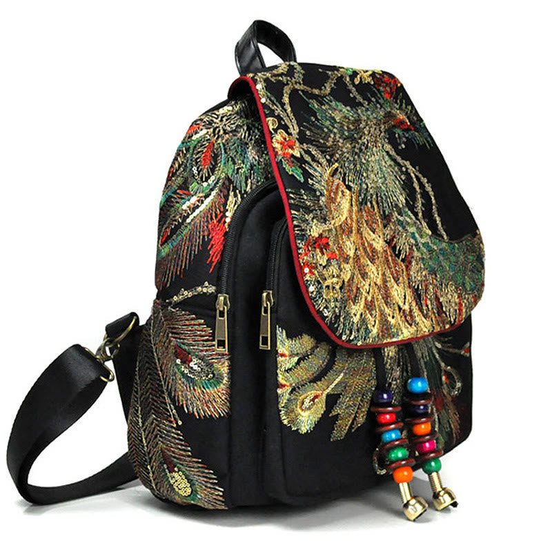 Nimara Ritual Peacock Embroidery Canvas Tassel Backpack