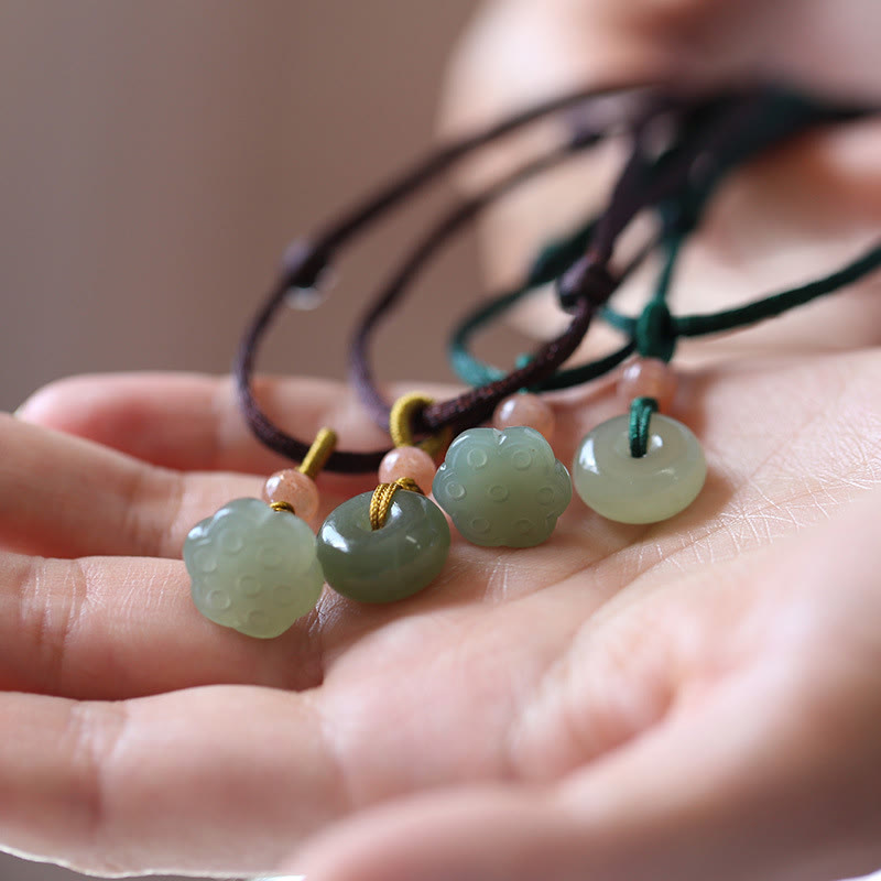 Nimara Ritual Natural Round Jade Peace Buckle Lotus Abundance String Necklace Pendant