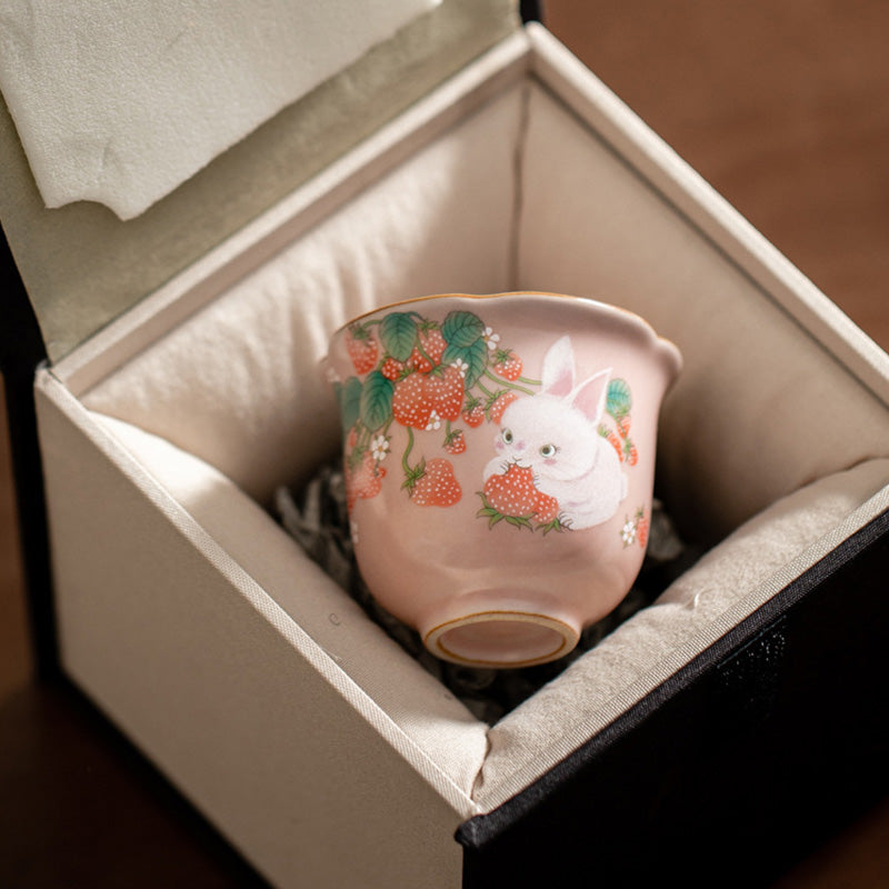 Nimara Ritual Cute Strawberry Rabbit Flower Ceramic Teacup Kung Fu Tea Cup 55ml