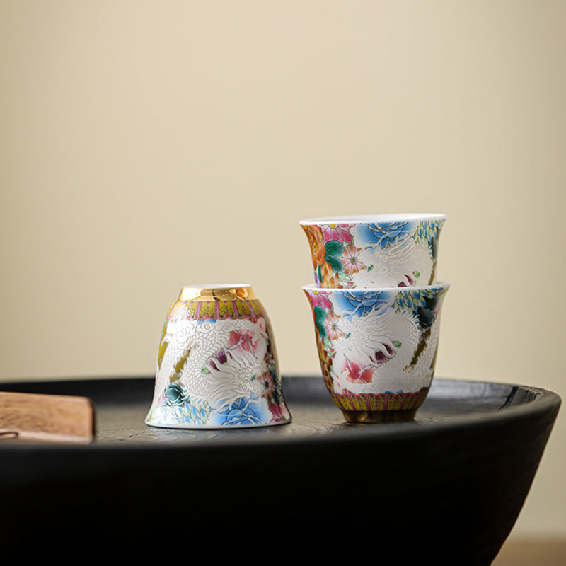 Nimara Ritual Dragon Phoenix Flowers Ceramic Teacup Kung Fu Tea Cup 50ml