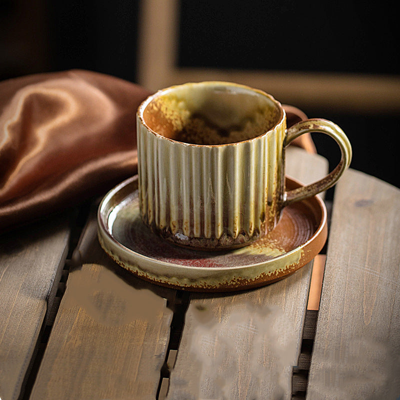 Nimara Ritual Retro Striped Kiln Change Ceramic Coffee Mug Rough Pottery Tea Coffee Cup With Saucer 250ml