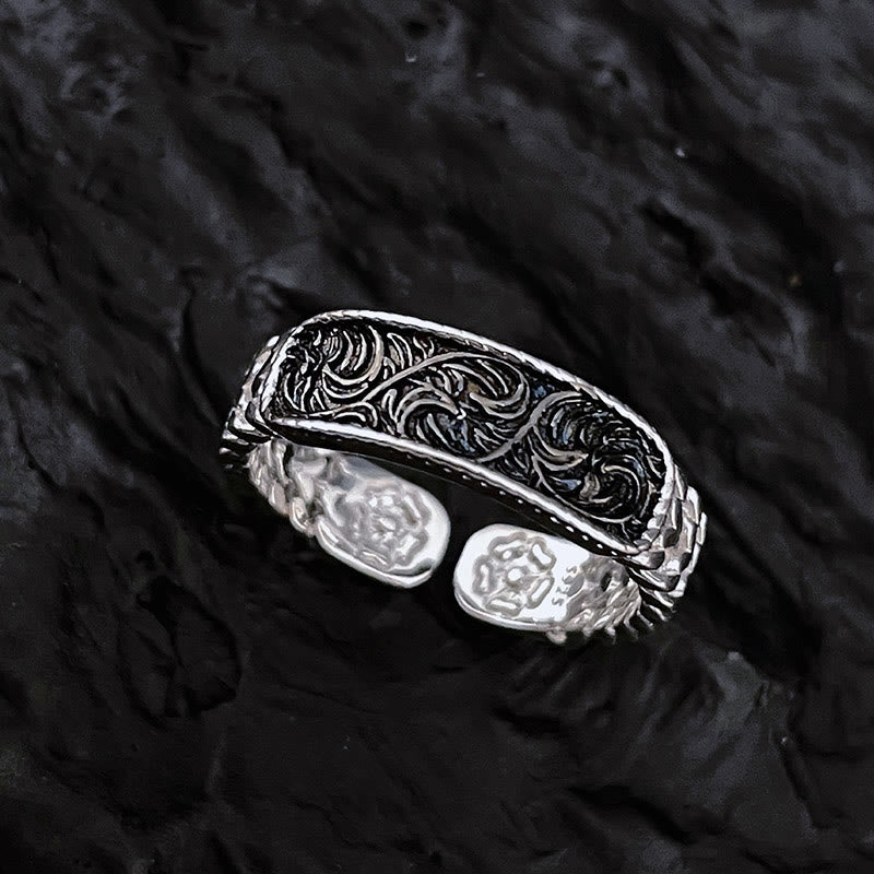 Nimara Ritual Tang Dynasty Flower Design Engraved Copper Luck Cuff Bracelet Bangle Adjustable Ring
