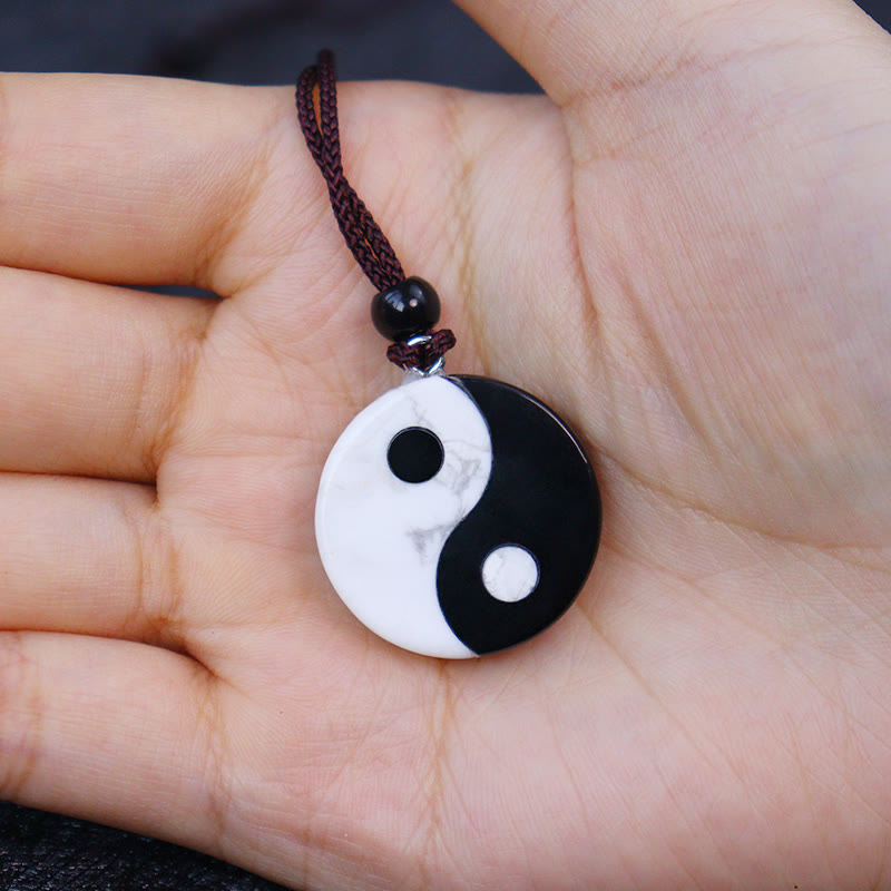 Nimara Ritual Natural Black Obsidian White Turquoise Yin Yang Fulfilment Strength Necklace Pendant