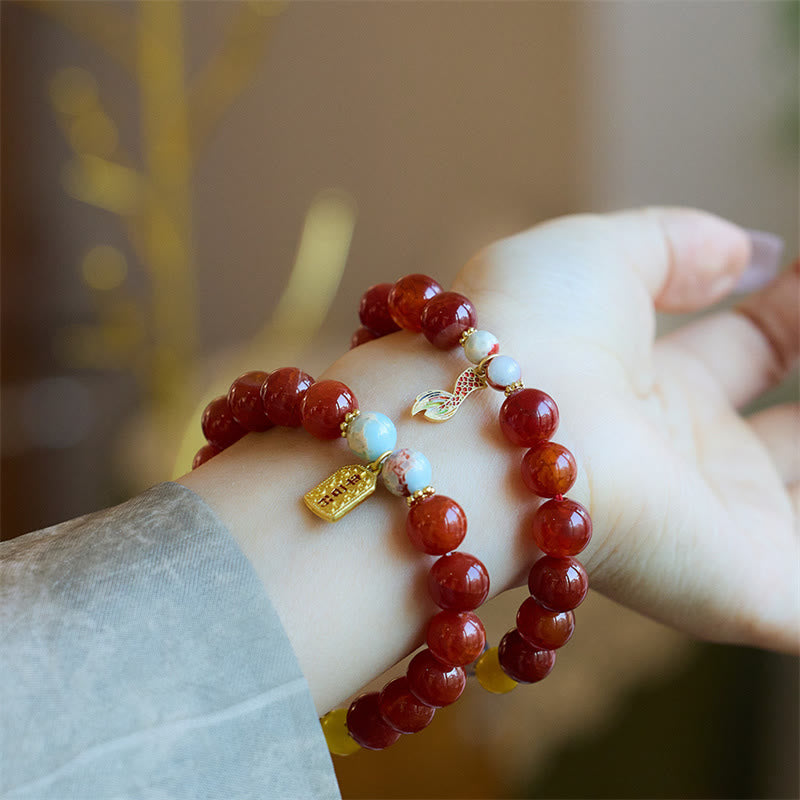Nimara Ritual Natural Red Agate Peace Talisman Fu Character Dragon Tail Confidence Charm Bracelet