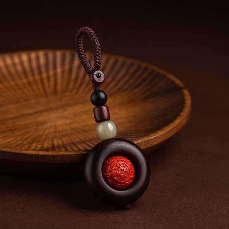 Nimara Ritual Tibet Om Mani Padme Hum PiXiu Copper Coin Small Leaf Red Sandalwood Cinnabar Protection Key Chain