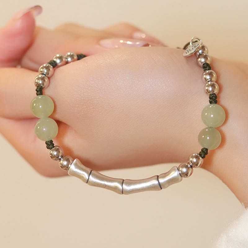 Nimara Ritual 925 Sterling Silver Natural Jade Fu Character Bamboo Abundance Bracelet