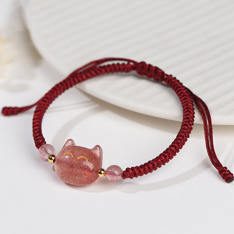 Nimara Ritual Handmade Natural Silver Sheen Obsidian Strawberry Quartz Cute Cat Protection Braided Bracelet