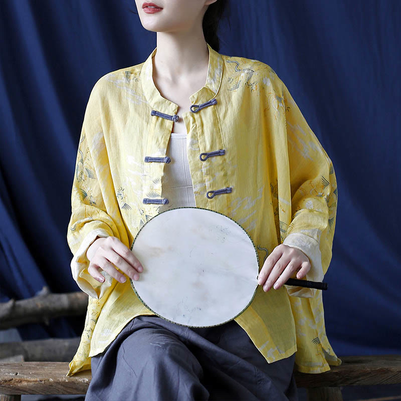 Nimara Ritual Yellow Phoenix Print Frog-button Design Long Sleeve Ramie Linen Jacket Shirt