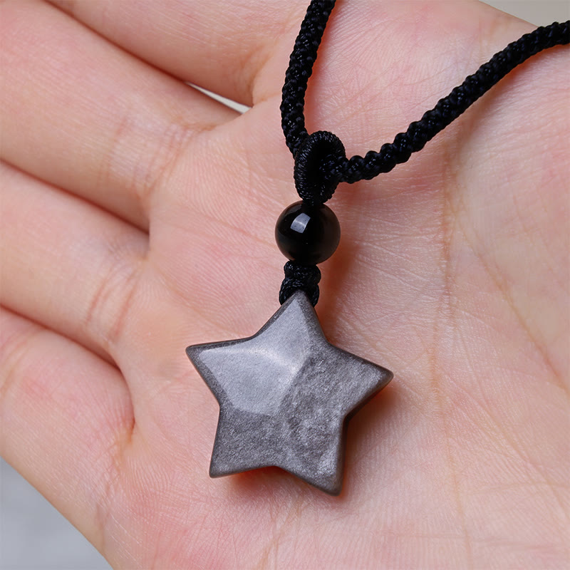 Nimara Ritual Natural Silver Sheen Obsidian Star Crescent Moon Protection Necklace Pendant