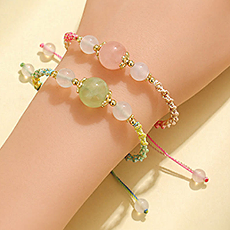 Nimara Ritual Strawberry Quartz Pink Crystal Prehnite White Agate Bead Healing Rope Bracelet