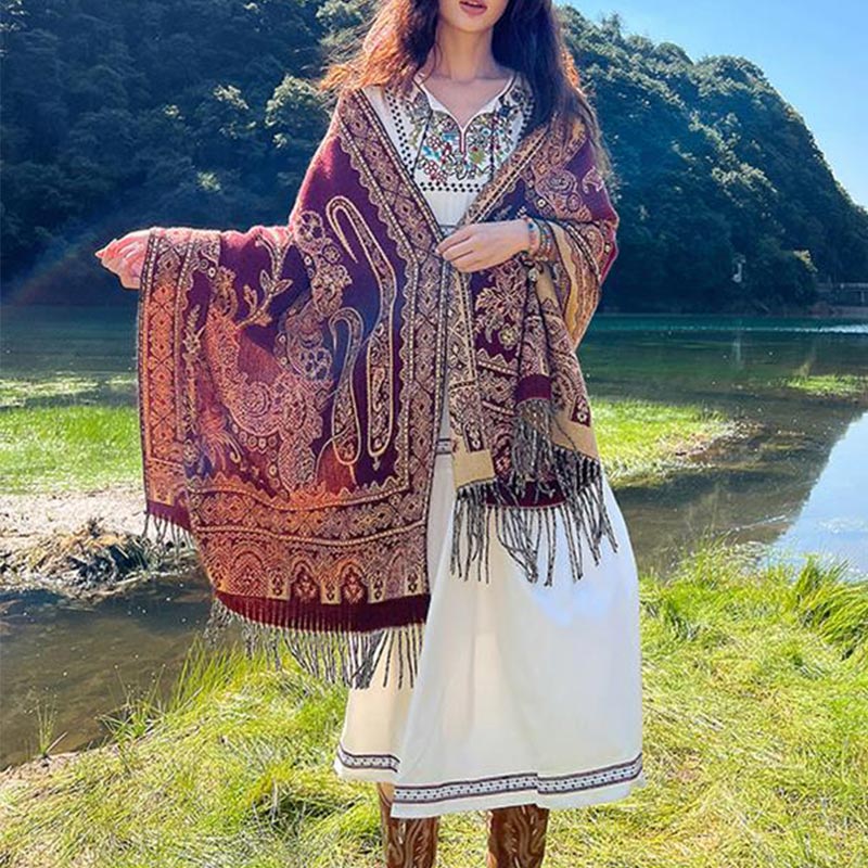 Nimara Ritual Vintage Tibetan Leaves Pattern Design Shawl Cozy Travel Scarf Wrap