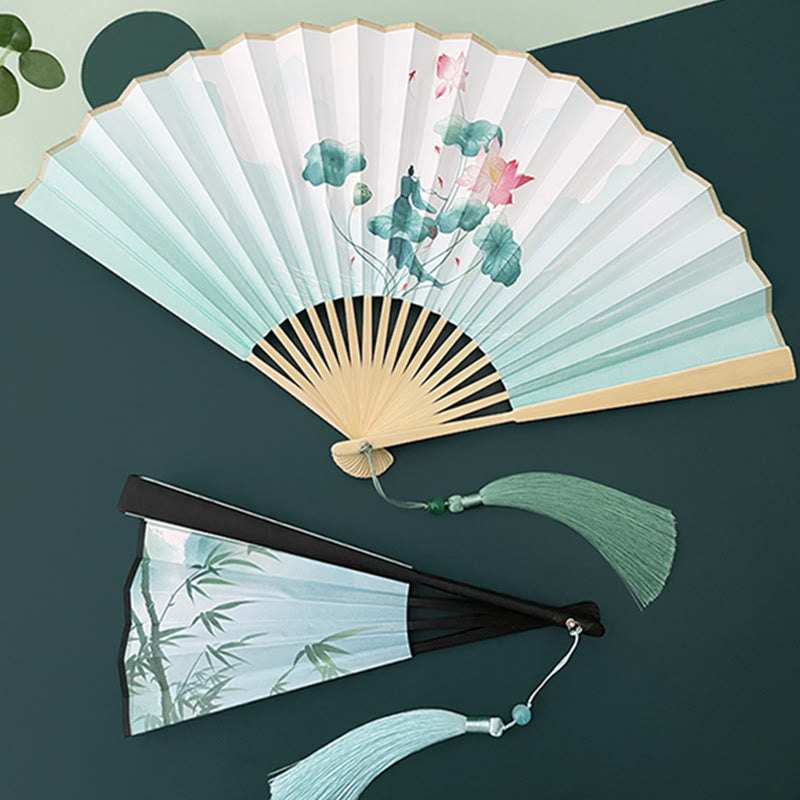 Nimara Ritual Retro Lotus Flower Leaf Mountain Lake Handheld Folding Fan With Bamboo Frames