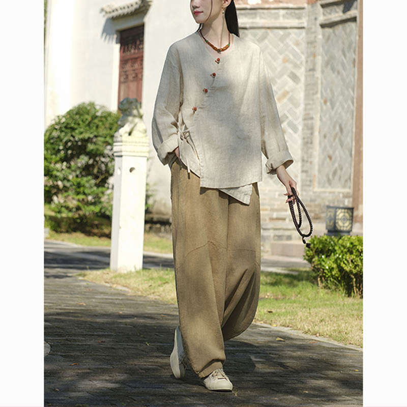 Nimara Ritual Solid Color Ramie Linen Loose Blouse Long Sleeve Shirt Chinese Hanfu Top