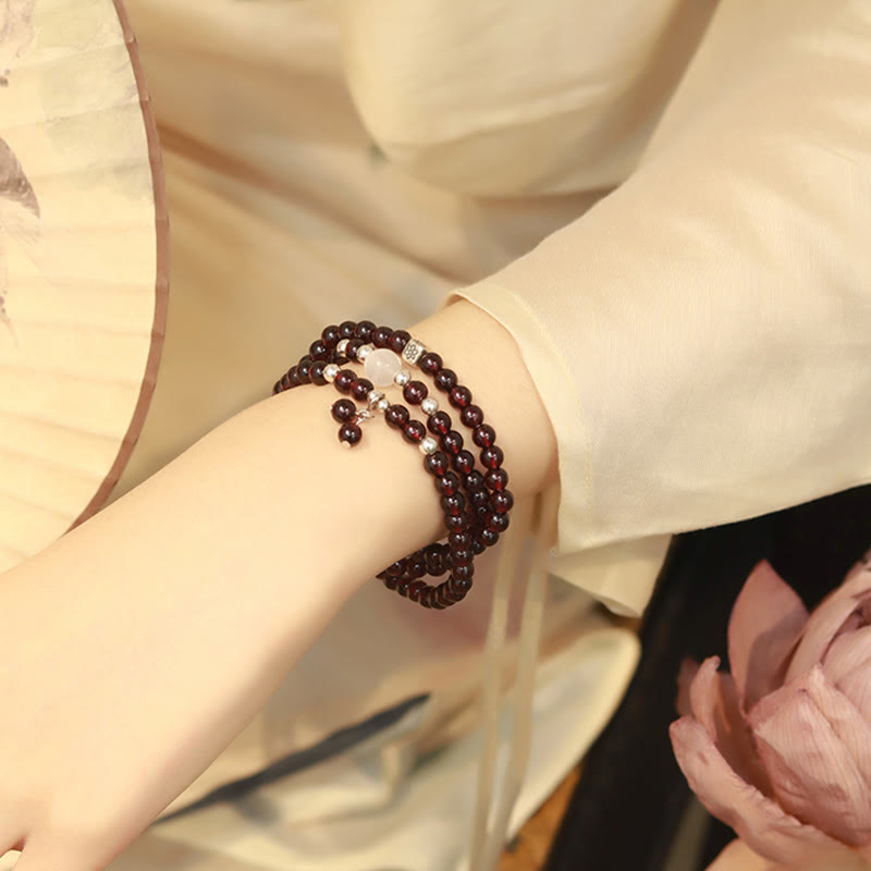 Nimara Ritual 925 Sterling Silver Natural Garnet Cat Eye Protection Triple Wrap Bracelet