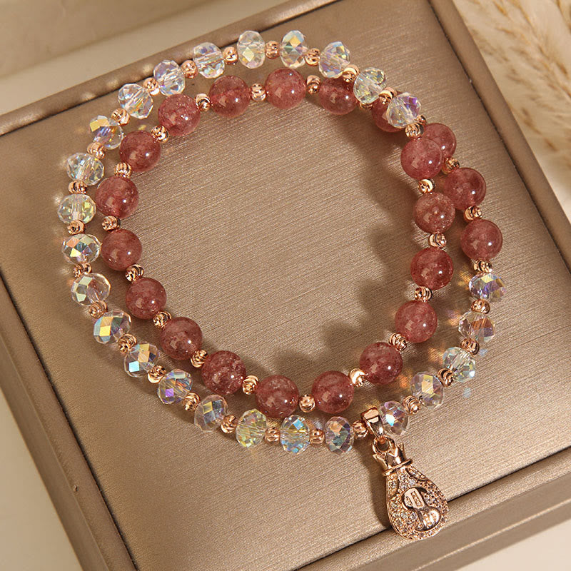Nimara Ritual Strawberry Quartz White Crystal Money Bag Charm Positive Bracelet
