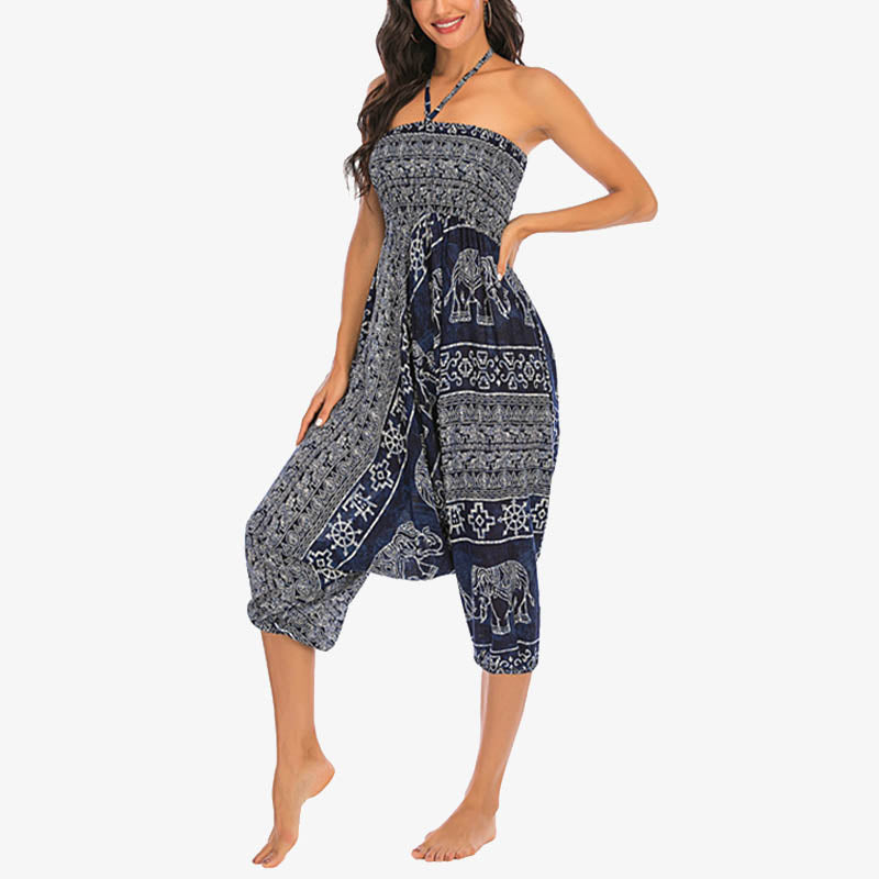 Nimara Ritual Two Style Wear Elephant Pattern Loose Smocked Harem Trousers Jumpsuit Women's Yoga Pants