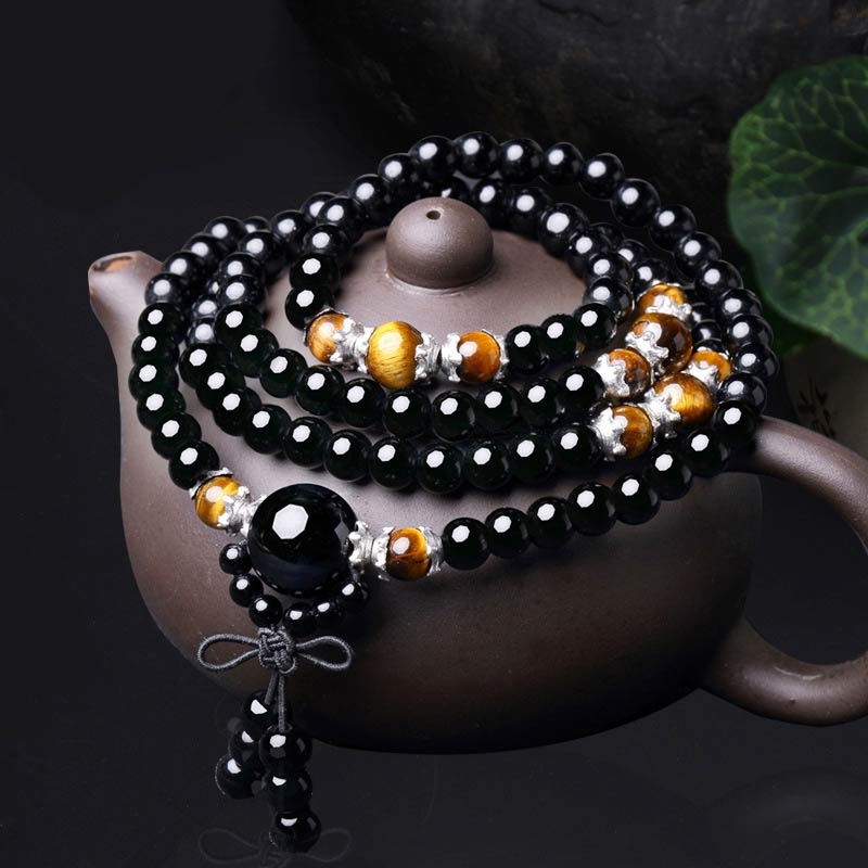 Nimara Ritual 108 Beads Natural Black Obsidian Tiger Eye Mala Bracelet
