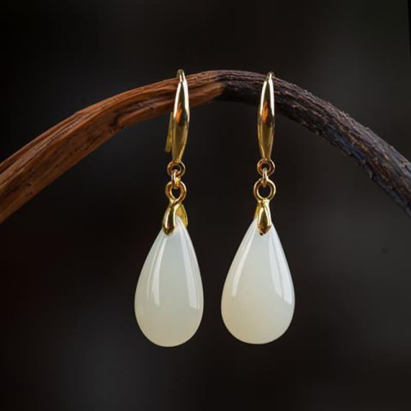 Nimara Ritual Hetian White Jade Water Drop Luck Blessing Dangle Earrings