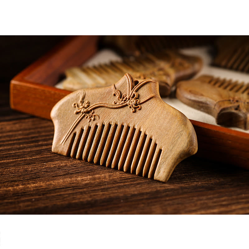 Nimara Ritual Green Sandalwood Flower Pattern Engraved Soothing Comb