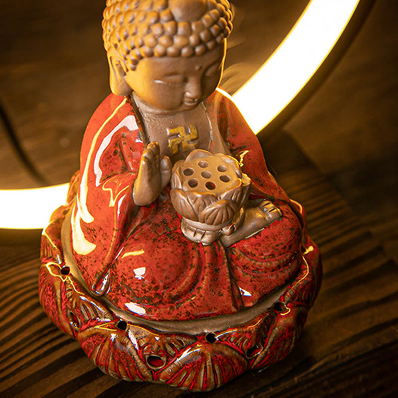 Nimara Ritual Buddha Lotus Backflow Smoke Fountain Ceramic Blessing Incense Burner With Light Decoration