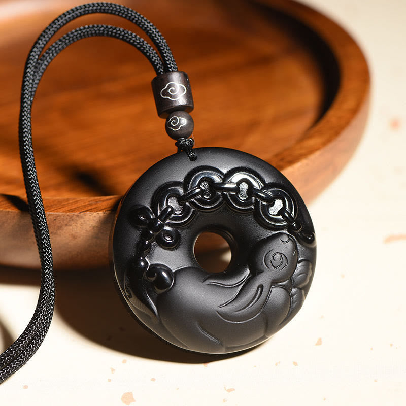 Nimara Ritual Chinese Zodiac Natural Black Obsidian Peace Buckle Strength Necklace Pendant